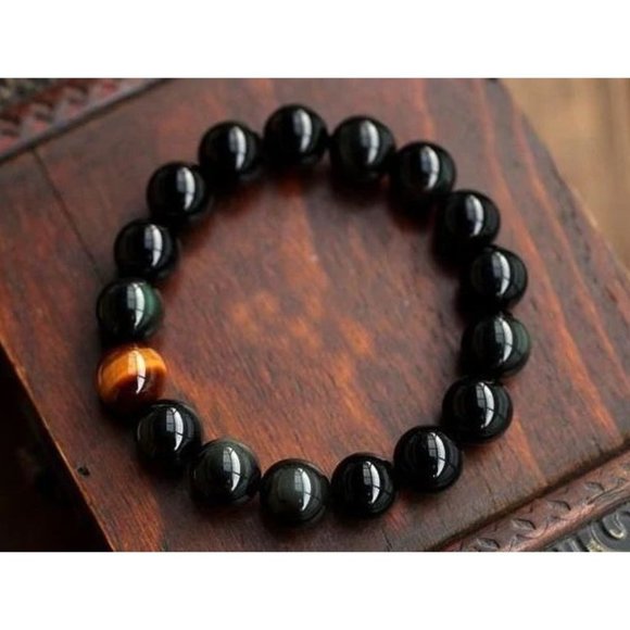 10mm Black Onyx Energy Tiger Eye Accent Stretch Bracelet - Picture 4 of 11